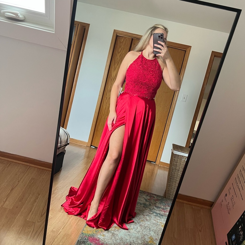 Sherri Hill Red Two Piece Dress- Lace Crop Top with Satin Maxi Skirt Size 8